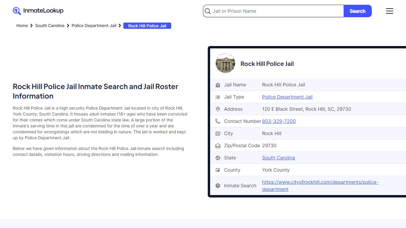 Rock Hill Police Jail (SC) Inmate Search and Jail ... - Inmate Lookup